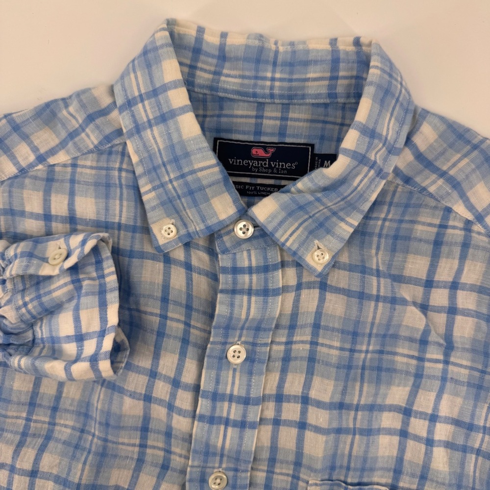 Vineyard Vines Button Down Men M Blue Plaid‎ 100% Linen Classic Fit Tucker Shirt